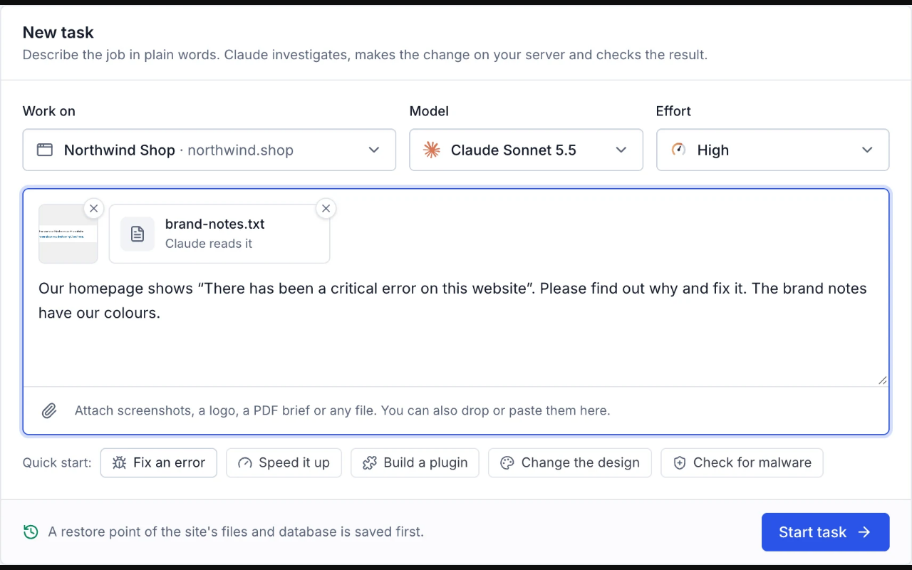 Скриншот формы задания показывает сообщение о сохранении restore point перед запуском.
